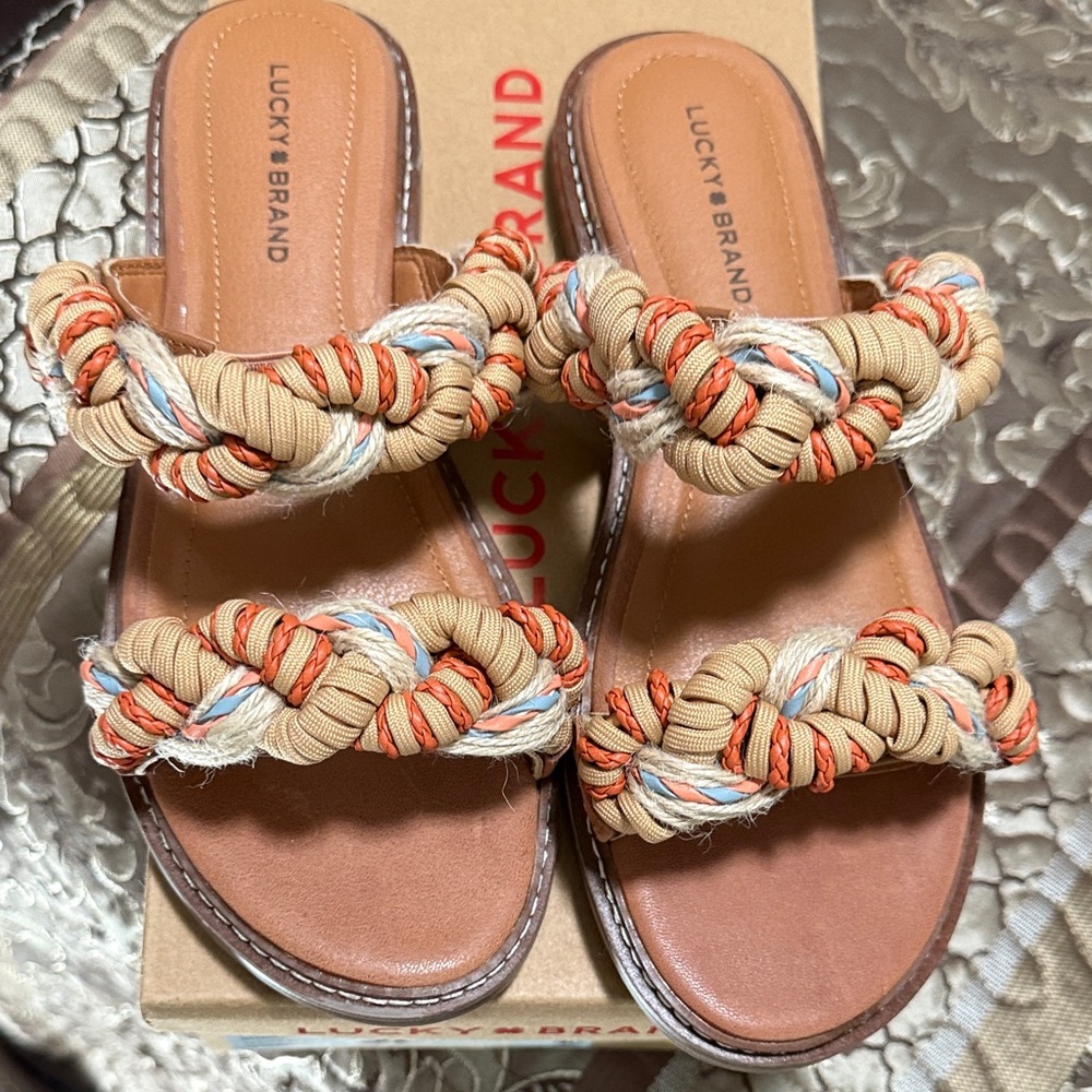 Lucky Brand Tan Slide Sandals with Orange and Cream Braided Straps